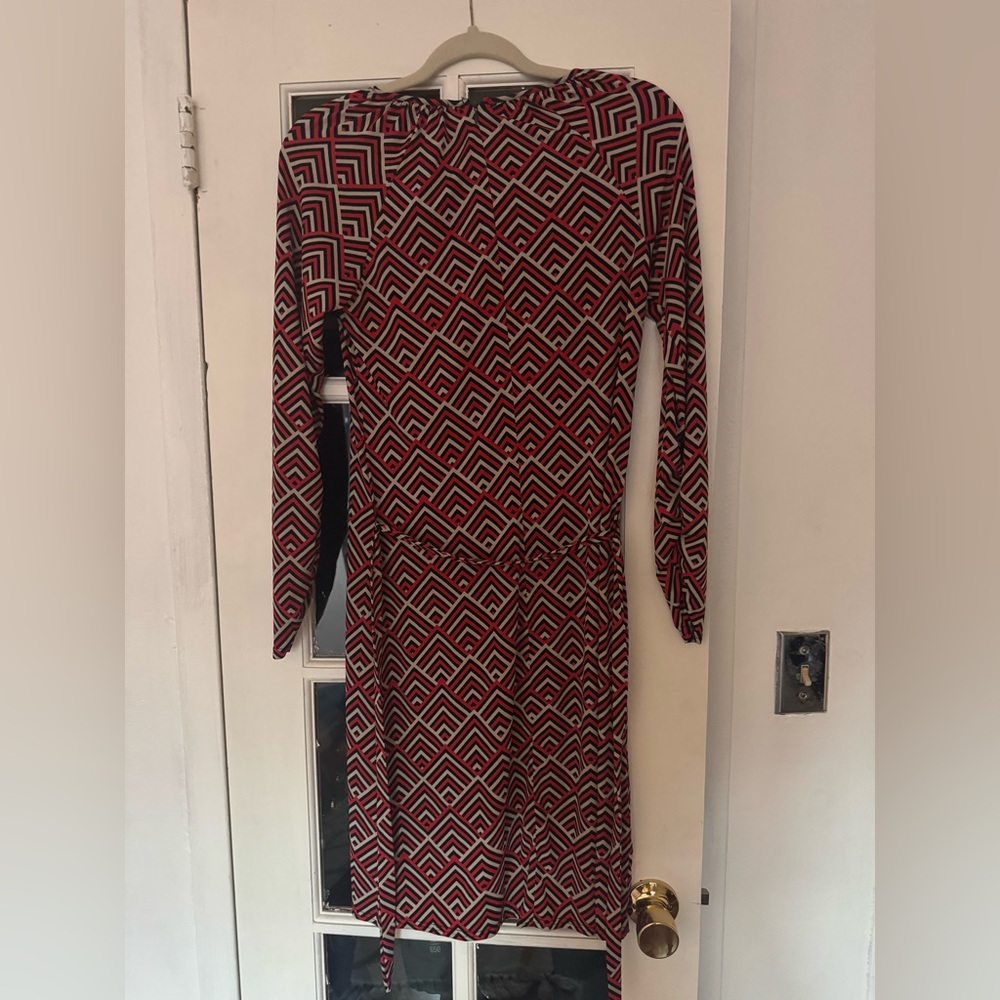 BCBGMaxAzria Red, Blue and Grey Long Sleeve Sheath Dress S